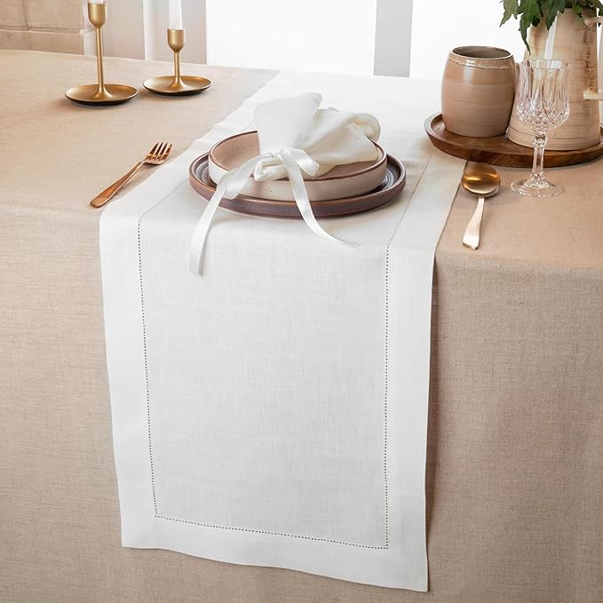 D'Moksha Homes Linen White Table Runner 72 Inches Long - 100% Pure Linen Hemstitch Table Runner 14 x 72 Inch for Dresser, Dining, Valentines, Spring, Easter - Classic Hemstitch