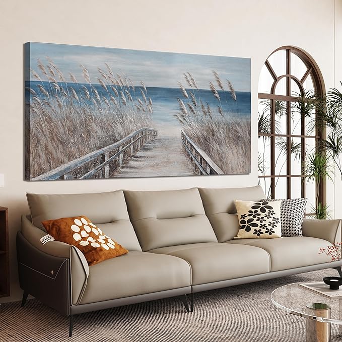 Canvas Wall Art Decor Large Modern Wall Art Decorations Blue Beach Coastal Artwork for Walls Textured Wall Art Prints Pictures Wall Decor Wall Art Bedroom 29"X58" For Room Living Room Office Decor