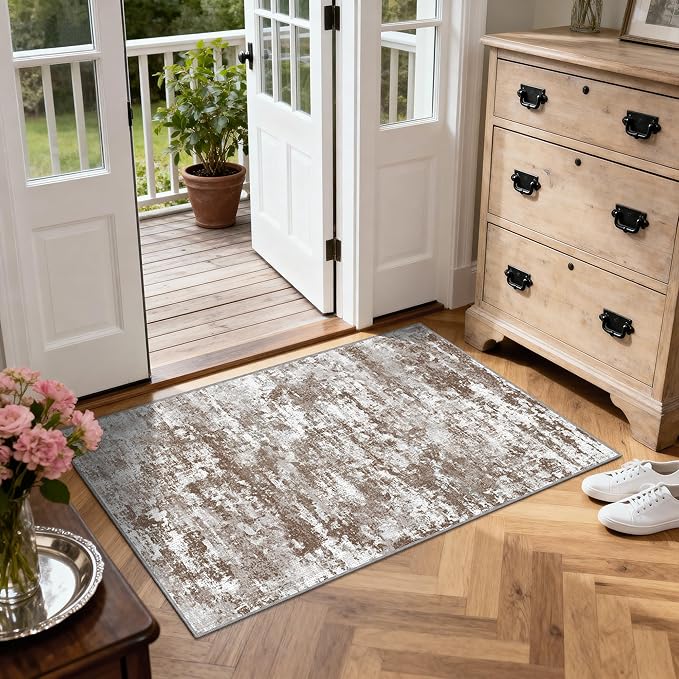 3x5 Area Rug Washable Entryway Rug Non Slip Abstract Tear and Stain Resistance No Pile Lightweight Throw Rugs Carpet for Kitchen, Entrance, Foyer, Bedside, Mudroom, Brown