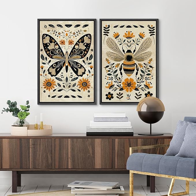 MUDECOR Framed Canvas Print Wall Art Set Butterfly Animals Botanical Bee llustrations Modern Art Decorative Bohemian Calm/Zen for Living Room, Bedroom, Office - 24"x36"x2 Black