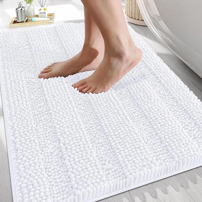 OLANLY Thick Bathroom Rugs 30x20, Extra Soft Absorbent Chenille Striped Bath Rugs, Rubber Backing, Machine Wash Dry, Bath Mats for Bathroom Floor, Tub and Shower, Home Decor Accessories, White