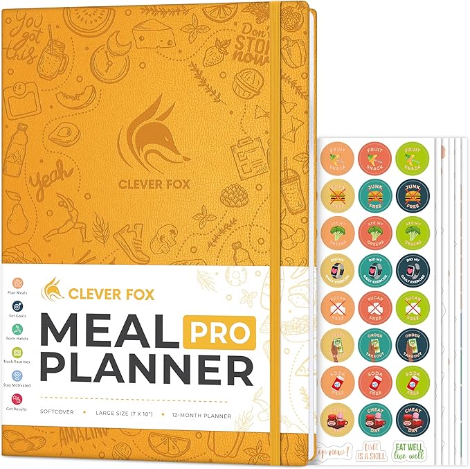 Clever Fox Meal Planner PRO – Weekly Meal Prep Journal with Grocery List & Weigh Loss Tracker – Diet, Fitness & Welness Log Book – Nutrition Diary Notebook – Lasts 12 Months, 7x10” (Amber Yellow)