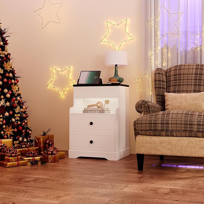 2Pcs Night Stand with Charging Station,Bedside Table with 2 Drawers,Farmhouse End Table and Nightstand,Small Side Table for Bedroom,Living Room