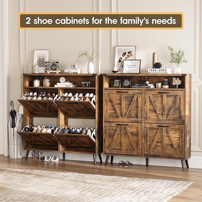 Shoe Cabinet with 4 Flip Drawers,Farmhouse Shoe Storage Cabinet for Entryway,Narrow Freestanding Organizer Rack with Open Shelves for Foyer,Hallway,Brown