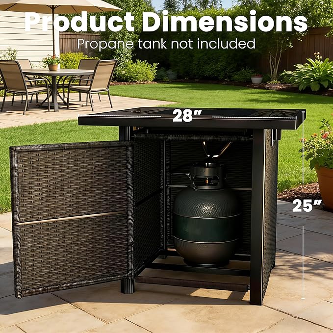 28" Square Fire Pit Table, Outdoor Propane Gas Firepit with Lid & Glass Wind Guard, 50,000 BTU, CSA Listed, Black Wicker Rattan for Patio, Garden, Backyard, Deck