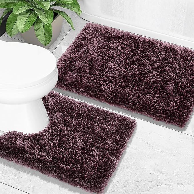 Yimobra Bathroom Rugs Sets 2 Piece, Soft Absorbent Bath Mat and U-Shaped Toilet Rug with Non Slip Backing, Luxury Shaggy Bath Mats for Bathroom, Machine Washable, 31.5"x20"+24"x20", Dark Purple