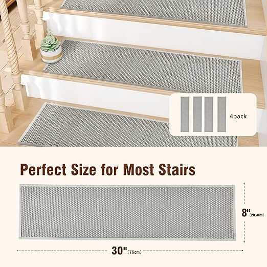 Chenille Stair Treads Non Slip 4pcs Absorbent Stair Runner for Wooden Steps Rubber Backing Stairs Carpet Treads Indoor Staircase Covers Mat with Rubber Backing for Pets Kids 8"X30" Grey