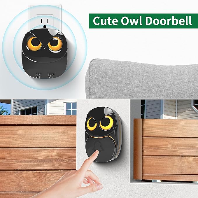 Wireless Doorbell, Cute Owl Doorbell Weatherproof IP55 Outdoor Remote Push Button- 1000 Feet Long Wireless Range, 1 Receiver + 1 Transmitter, Black
