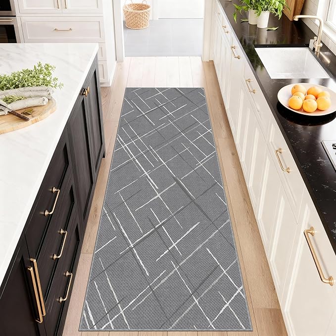 Modern Line Washable Runner Rug 2x6, Gray Non-Slip Hallway Rug, Woven Non-Shedding Thin Runners for Entryway, Kitchen, Laundry Room
