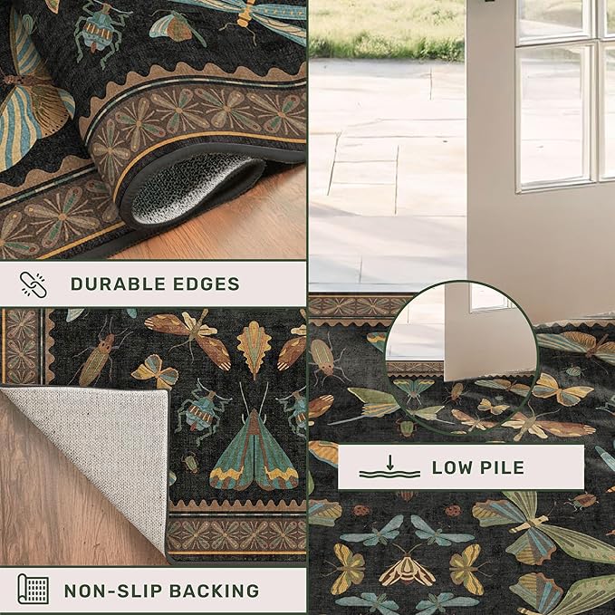 2x7 Black Non Slip Entryway Runner Rug, Boho Washable Runner for Hallway, Kitchen, Mudroom, Laundry Room, Nature Insect Low Pile & Soft Carprt, Vintage Indoor Décor