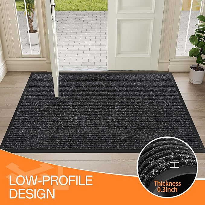 Indoor Outdoor Door Mat, 5’ x 4' Doormat for Entryway, Rubber Backing Non Slip Front Door Mat Outside Entrance, Super Absorbent Commercial Floor Mat for Home Office Black