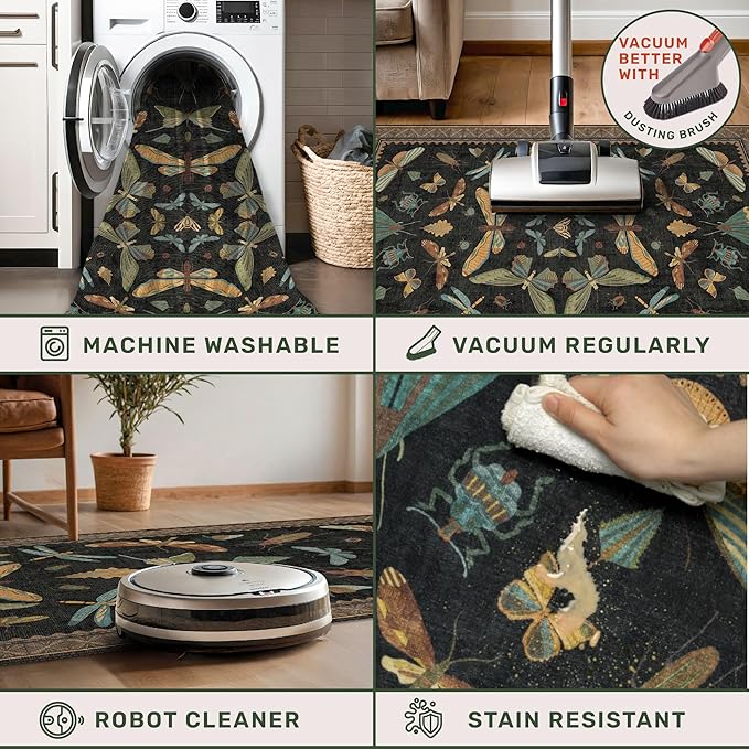 Small Black Entryway Runner Rug - 2x4 Front Door Rug Indoor Entrance, Small Waterproof Carpet for Kitchen Floor, Bathroom, Powder Room, Washable Low Pile Non Slip, Insect Print Multi Color Home Décor