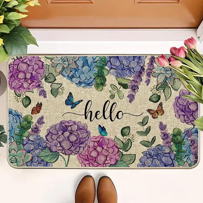 Welcome Spring Door Mat Hydrangea Flowers Doormat Indoor Outdoor Entrance Summer Decor Outdoor Rug Low-Profile Floor Rug Non Slip Spring Summer Decor Rubber Mats for Home Decoration 17x29Inch