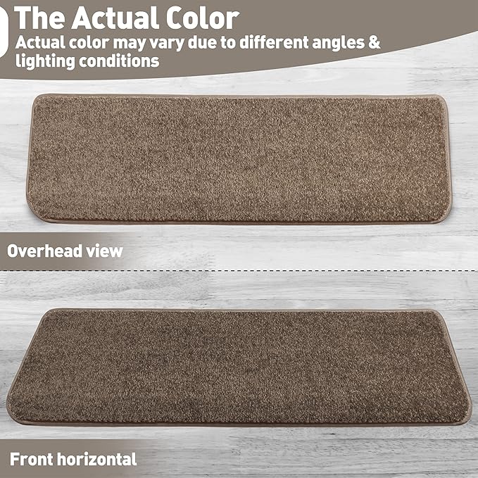 PURE ERA Bullnose Carpet Stair Treads Set Tape Free Non-Slip Indoor Stair Protectors Pet Friendly Rugs Covers Soft Skid Resistant Washable Reusable 9.5" x 30"(2 Pieces, Camel Brown)