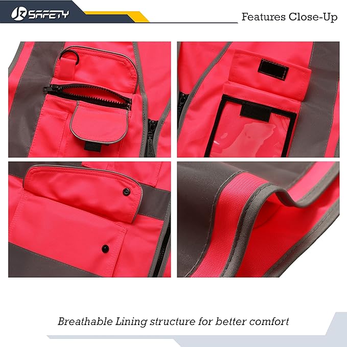 JKSafety 9 Pockets Class 2 High Visibility Zipper Front Safety Vest With Reflective Strips, Meets ANSI/ISEA Standards (XX-Large, 150-Pink)