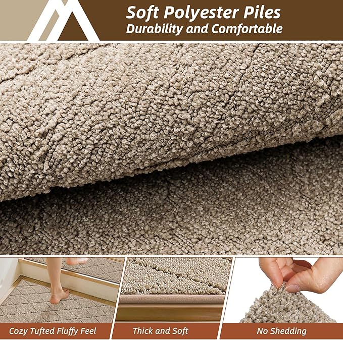 COSY HOMEER Edging Stair Treads Non-Slip Corner Indoor Stair Runners for Wooden Steps,Landing Slip Resistant Stair Rugs Mat for Kids and Dogs,100% Polyester TPE Backing,Beige,30x30 inch