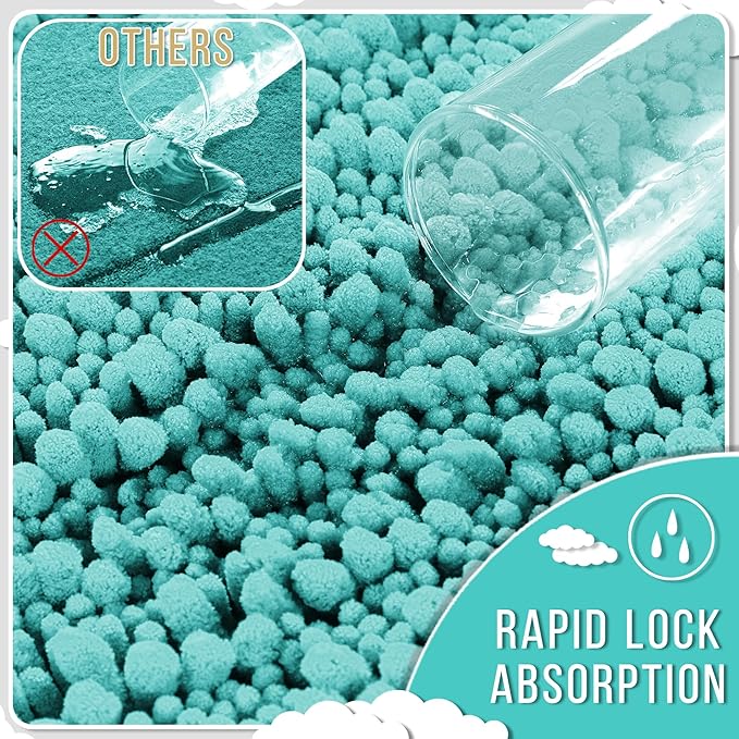 Yimobra Long Bathroom Rugs Non Slip Washable 44x24 Inch - Ultra Soft Absorbent Chenille Bath Mat, Quick Dry Shaggy Floor Carpet for Tub Shower, Lake Blue Home Decor Accessories