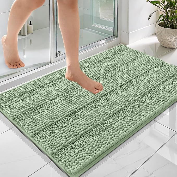 OLANLY Thick Bathroom Rugs 36x24, Extra Soft Absorbent Chenille Striped Bath Rugs, Rubber Backing, Machine Wash Dry, Bath Mats for Bathroom Floor, Tub and Shower, Home Decor Accessories, Sage Green