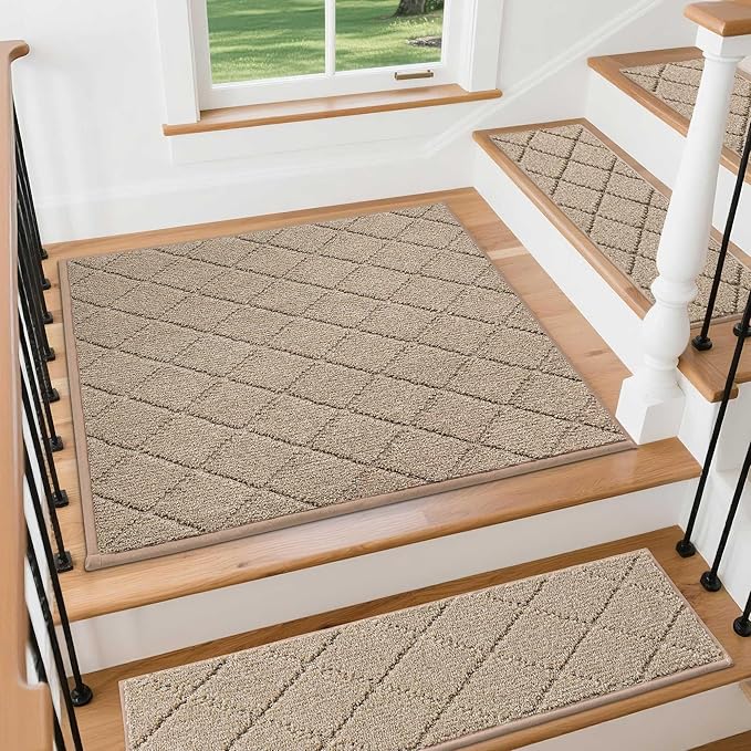 COSY HOMEER Edging Stair Treads Non-Slip Corner Indoor Stair Runners for Wooden Steps,Landing Slip Resistant Stair Rugs Mat for Kids and Dogs,100% Polyester TPE Backing,Beige,30x30 inch