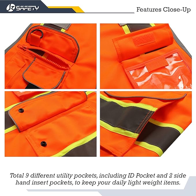 JKSafety 9 Pockets High Visibility Zipper Front Safety Vest | Orange with Dual Tone High Reflective Strips | Meets ANSI/ISEA Standards (901-Orange, Medium)