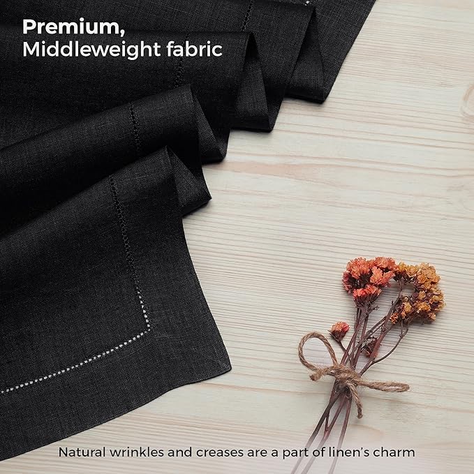 D'Moksha Homes Linen Black Table Runner 72 Inches Long - 100% Pure Linen Hemstitch Table Runner 14 x 72 Inch for Dresser, Dining, Spring, Easter - Classic Hemstitch