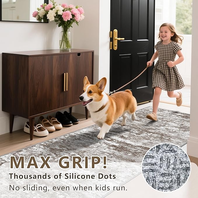 Runners for Hallways Ultra Non-Slip 2x4 Washable Kitchen Rug Abstract Tear and Stain Resistance No Pile Hand-Woven Style Lightweight Runners for Entryway, Laundry Room, Bedside, Brown