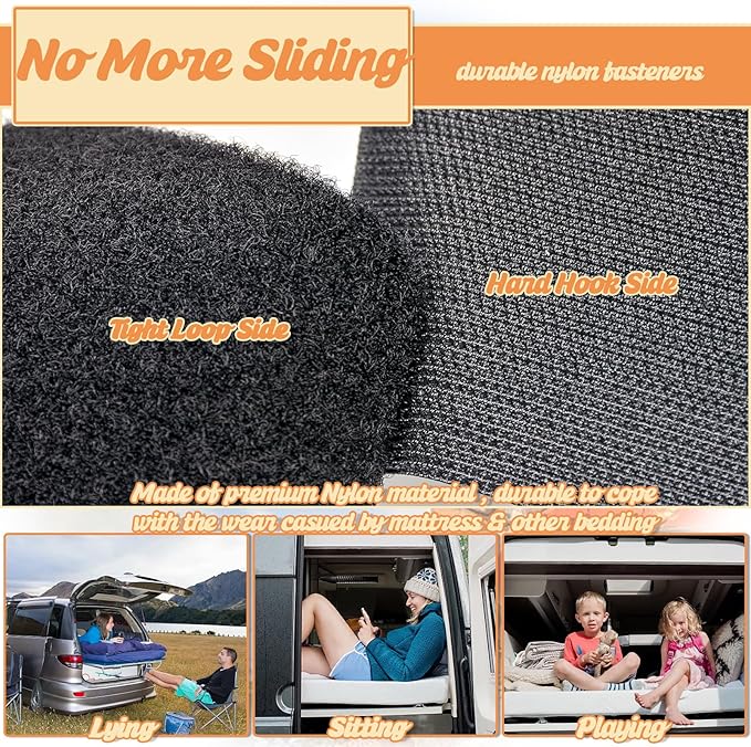 TEUVO 4.3" X 19.7FT Non Slip Car Camping Mattress Pad Tape for SUV Stop Car Bed Sleeping Pad from Sliding, High Thermostability Self Adhesive Hook and Loop Tape Car SUV Mattress Memory Foam Anti Slip