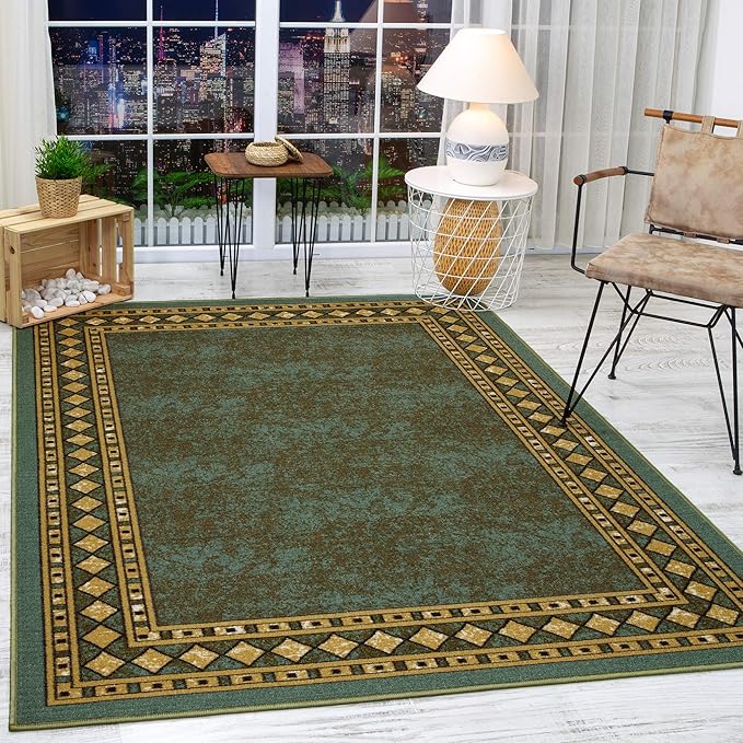 Antep Rugs Alfombras Modern Bordered 5x7 Non-Skid (Non-Slip) Low Profile Pile Rubber Backing Indoor Area Rugs (Green, 5' x 7')
