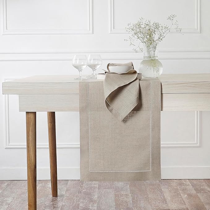 D'Moksha Homes Linen Natural Table Runner 90 Inches Long - Classic Hemstitch 100% Pure Linen Dining Table Runner 14 x 90 Inch for Valentines, Spring, Easter