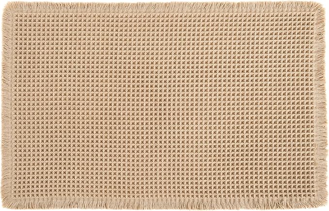 Hiasan Waffle Bath Mat, Super Absorbent Non Slip Bathroom Boho Rug with Tassels, Machine Washable Bath Mats for Bathroom, Ultra Soft Rubber Backed Rug, Brown, 24 x 60 Inches
