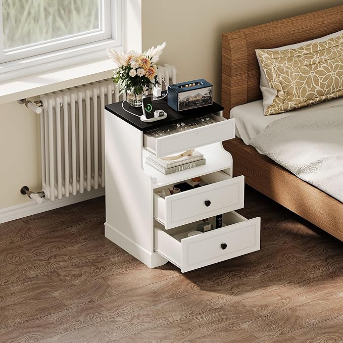Night Stand with Charging Station,Bedside Table with 2 Drawers,Farmhouse End Table and Nightstand,Small Side Table for Bedroom,Living Room (White-Magnetic Locking, 1-Pcs)