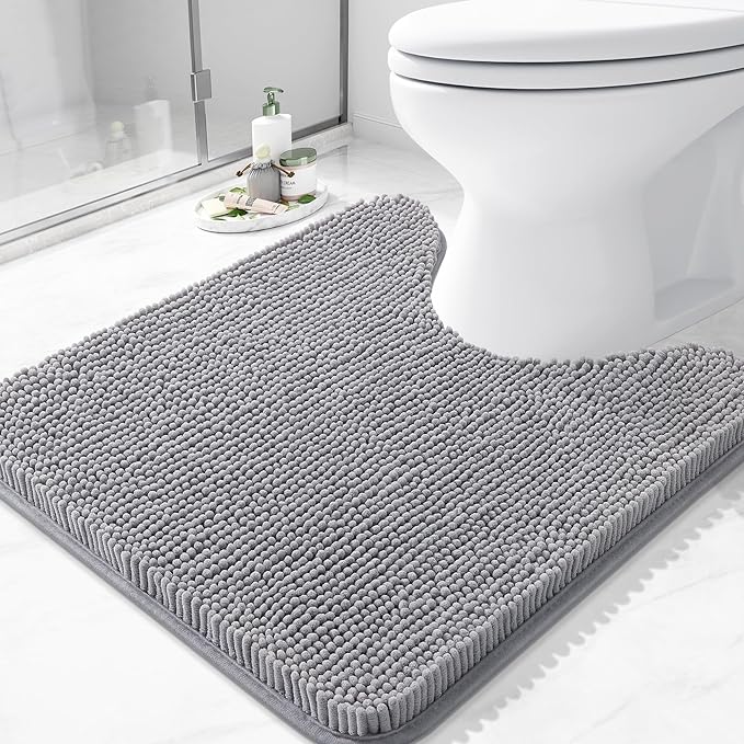Arotive Bathroom Toilet Rugs U Shaped 24x24, Extra Soft Absorbent Shaggy Chenille Contour Bath Rugs for Toilet, Machine Washable Non-Slip Contoured Bath Mats, Grey