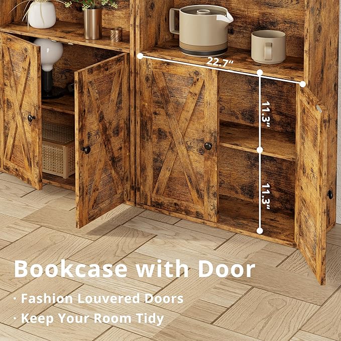 IRONCK Industrial Bookshelves and Bookcases with Doors Set of Two Floor Standing 6 Shelf Display Storage Shelves 70 in Tall Bookcase for Home Office, Living Room