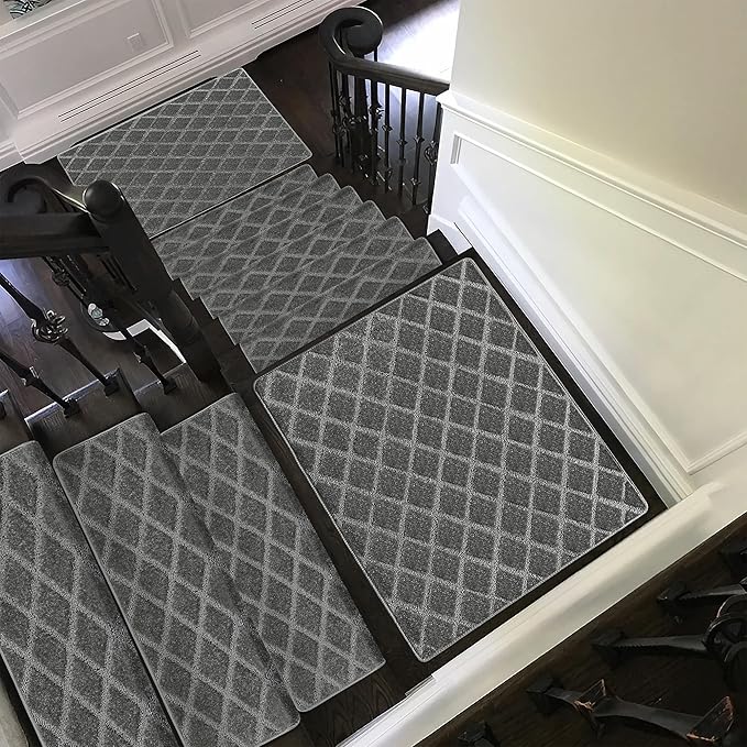 PURE ERA Bullnose Carpet Stair Treads Set Tape Free Non-Slip Indoor Stair Protectors Pet Friendly Rugs 9.5" x 30"(2 Pieces,Grey Diamond Trellis)