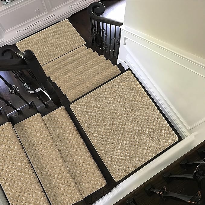 PURE ERA Bullnose Carpet Stair Treads Set Tape Free Non-Slip Indoor Stair Protectors Pet Friendly Rugs 9.5" x 30"(2 Pieces,Khaki Mini-Diamond Trellis)