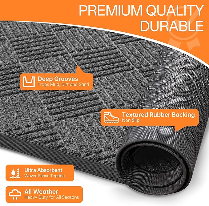 Indoor Outdoor Door Mat, 6’x 3' Doormat for Entryway, Rubber Backing Non Slip Front Door Mat Outside Entrance, Super Absorbent Commercial Floor Mat for Home Office, Gray