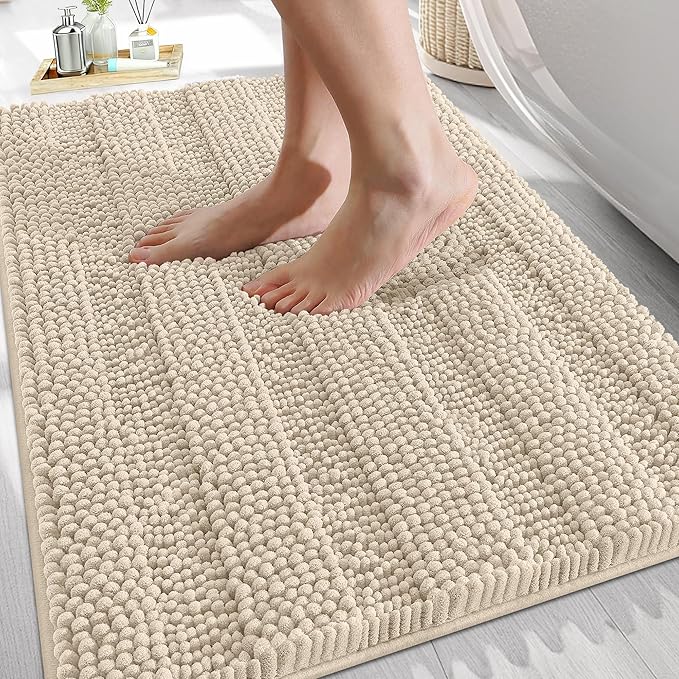 OLANLY Thick Bathroom Rugs 30x20, Extra Soft Absorbent Chenille Striped Bath Rugs, Rubber Backing, Machine Wash Dry, Bath Mats for Bathroom Floor, Tub and Shower, Home Decor Accessories, Sand