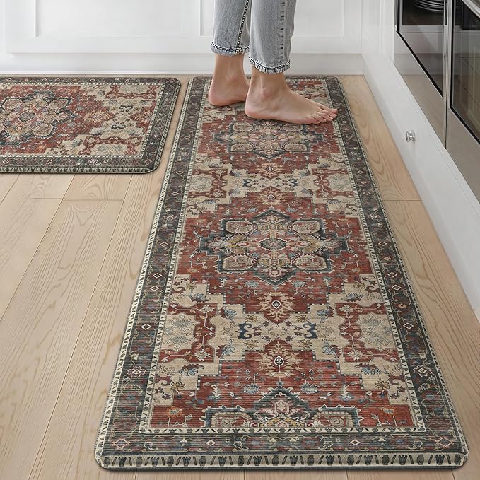 GENIMO Kitchen Mats for Floor 2PCs, Washable Anti Fatigue Mat for Cushioned, 17.3"x59"+17.3"x30", Waterproof Kitchen Rugs, Non Slip Comfort Standing Mat Rug for Home, Sink, Laundry, Bordeaux