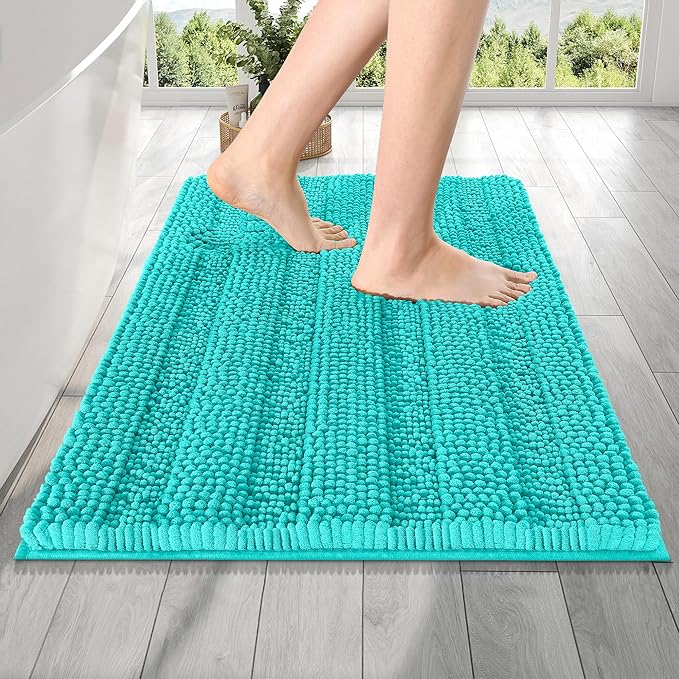 OLANLY Thick Bathroom Rugs 24x16, Extra Soft Absorbent Chenille Striped Bath Rugs, Rubber Backing, Machine Wash Dry, Bath Mats for Bathroom Floor, Tub and Shower, Home Decor Accessories, Teal