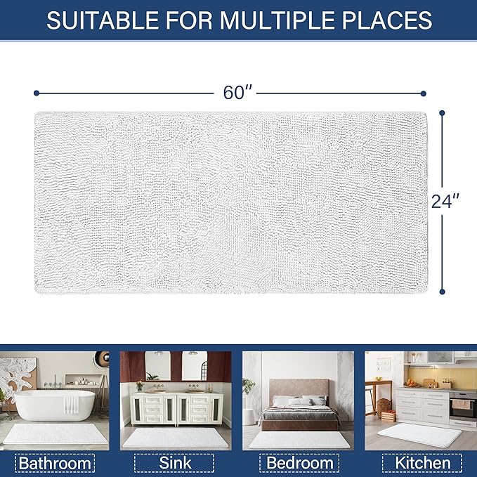 LOCHAS Luxury Bathroom Rug Shaggy Bath Mat 24 x 60 Inch, Washable Non Slip Bath Rugs for Bathroom Shower, Soft Plush Chenille Absorbent Carpets Mats, White