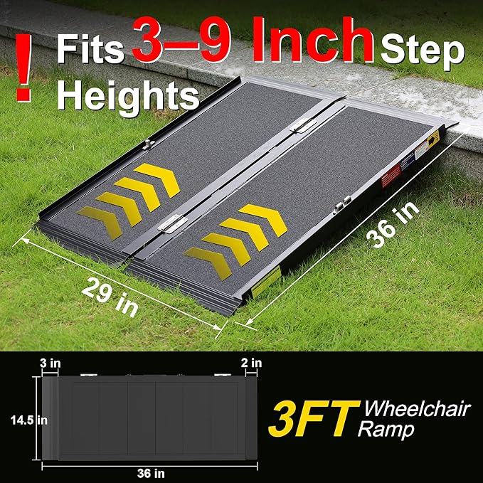 3FT Portable Wheelchair Ramp with Quick-Lock, Black Seamless Non-Slip Aluminum Folding Handicap Ramp,Threshold Ramp for Doorways, Wheel Chair Ramp for Home Steps, Loading Dock Plates