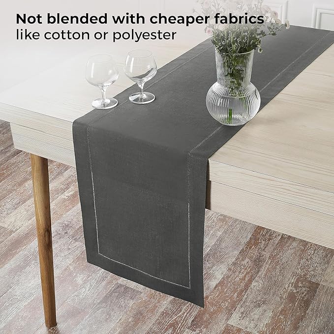 D'Moksha Homes Linen Charcoal Grey Table Runner 144 Inches Long - 100% Pure Linen Extra Long Table Runner 14 x 144 Inch for Spring, Easter - Classic Hemstitch