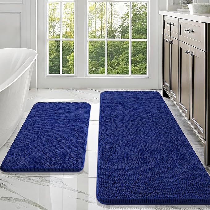 OLANLY Bathroom Rugs Sets 2 Piece, Soft Absorbent Chenille Bath Mats Area Rug Set, Non-Slip, Quick Dry, Machine Washable Bath Mats for Bathroom, Home Decor Accessories (47"x20"+30"x20", Navy)
