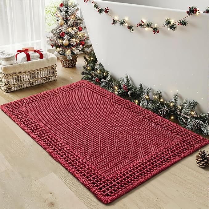RESARE Christmas Waffle Bath Mat for Bathroom, Super Absorbent Bathroom Rugs Non Slip Machine Washable, Ultra Soft Quick Dry Boho Bath Rugs with Tassels for Floor, 17"x24" Red
