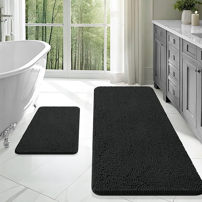 OLANLY Bathroom Rugs Sets 2 Piece, Soft Absorbent Chenille Bath Mats Area Rug Set, Non-Slip, Quick Dry, Machine Washable Bath Mats for Bathroom, Home Decor Accessories (47"x20"+24"x16", Black)