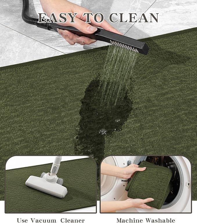 chakme 2 Piece Bathroom Rug Set, Ultra Thin Bath Mat, Absorbent, Non Slip, Machine Washable, Dark Green, 17" x 24", 30", 60"