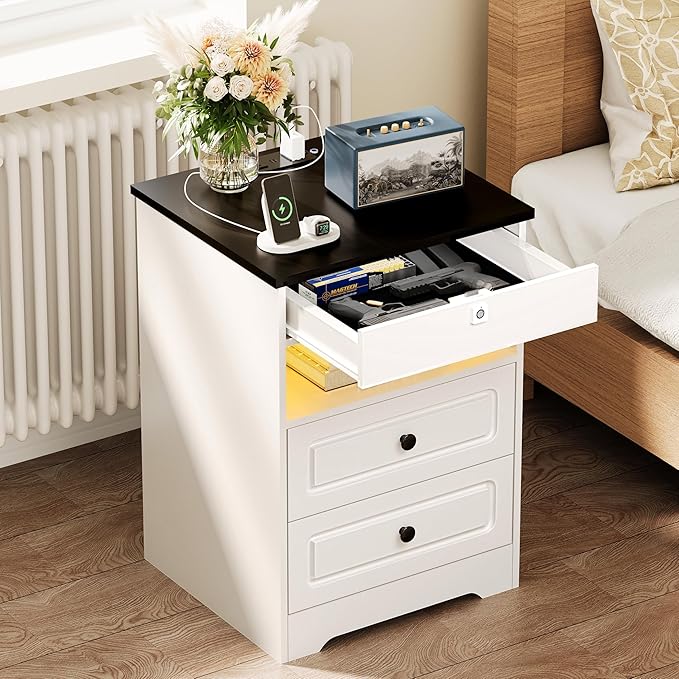 Night Stand Set 2 with Charging Station,Bedside Table with Gun Drawer,Farmhouse End Table and Nightstand,Small SideTable for Bedroom (White-with Gun Drawer, 2-Pcs)