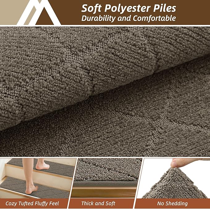 COSY HOMEER Stair Treads for Wooden Steps 9"x28" Washable Indoor Carpet Stair Treads Non Slip Soft Polyester Stair Carpet Tread Reusable Stair Runner Rugs for Kids, Elders,Pets,Light Brown,7pcs