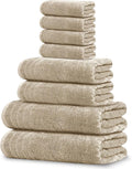 Tens Towels Pack of 8 Towels Set, 2 Extra Large Bath, 2 Hand, 4 Washcloths, 100% Cotton, Lighter Weight, Quicker to Dry, Super Absorbent, Perfect for Bathroom, Beige