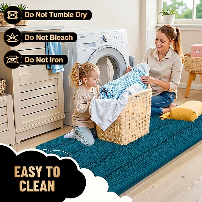 OLANLY Thick Bathroom Rugs 24x16, Extra Soft Absorbent Chenille Striped Bath Rugs, Rubber Backing, Machine Wash Dry, Bath Mats for Bathroom Floor, Tub and Shower, Home Decor Accessories, Peacock Blue